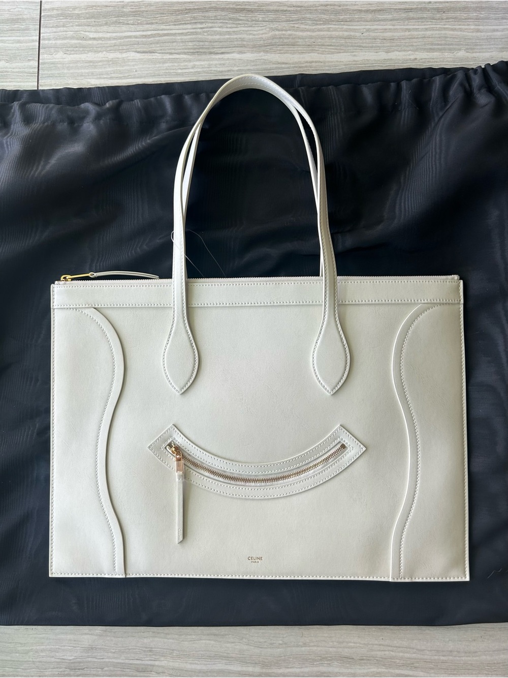 CELINE FLAT CABAS NEW LUGGAGE ‘SMILE’ BAG WHITE CALF LEATHER FITS LAPTOP NWT
